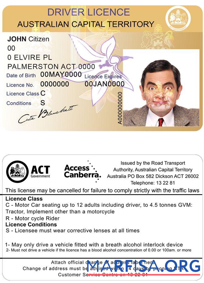 Realistic Australia Capital state driving license example